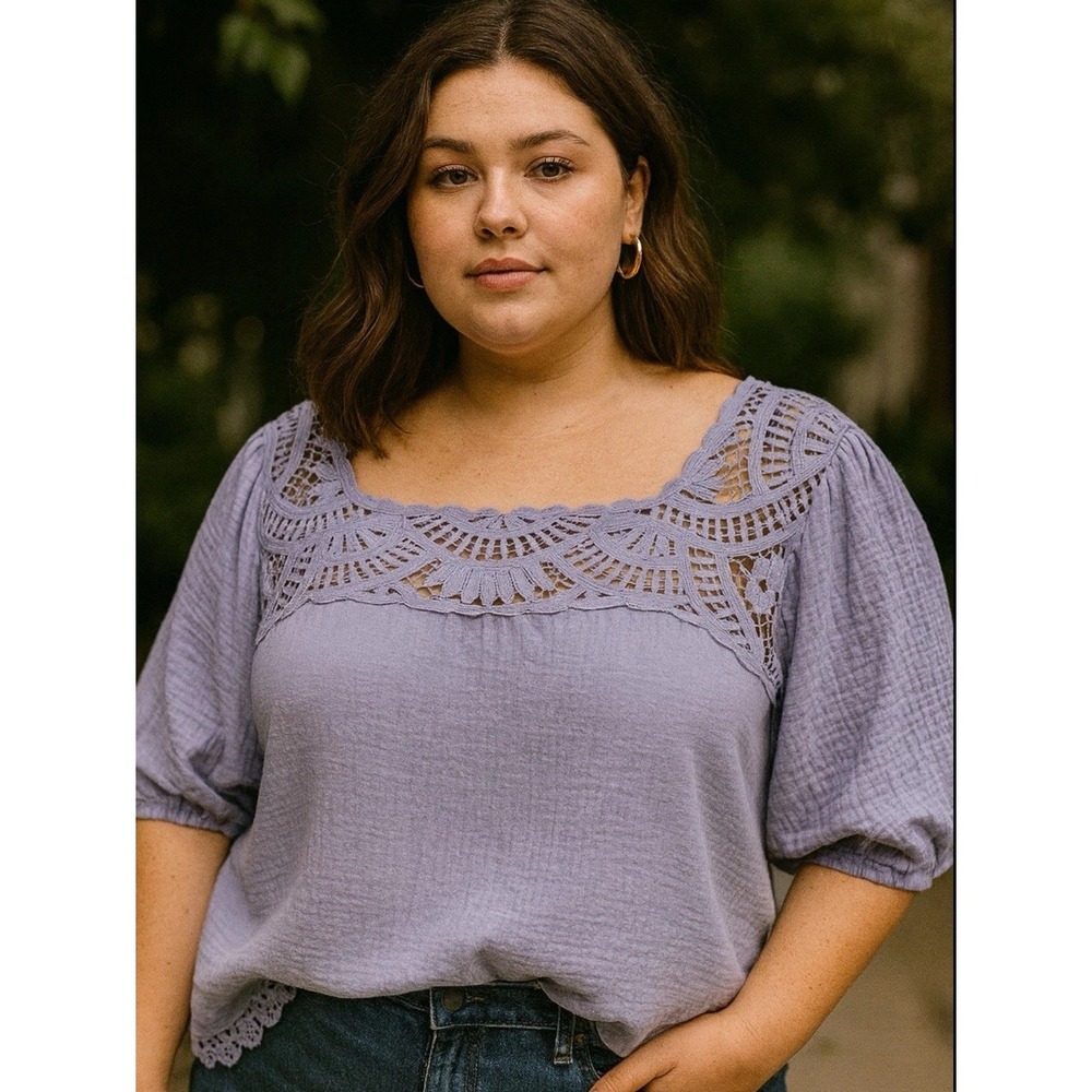 New‎ Plus Sz Democracy Peasant Top 1X Puff Sleeve Crochet Detail Cotton Lavender